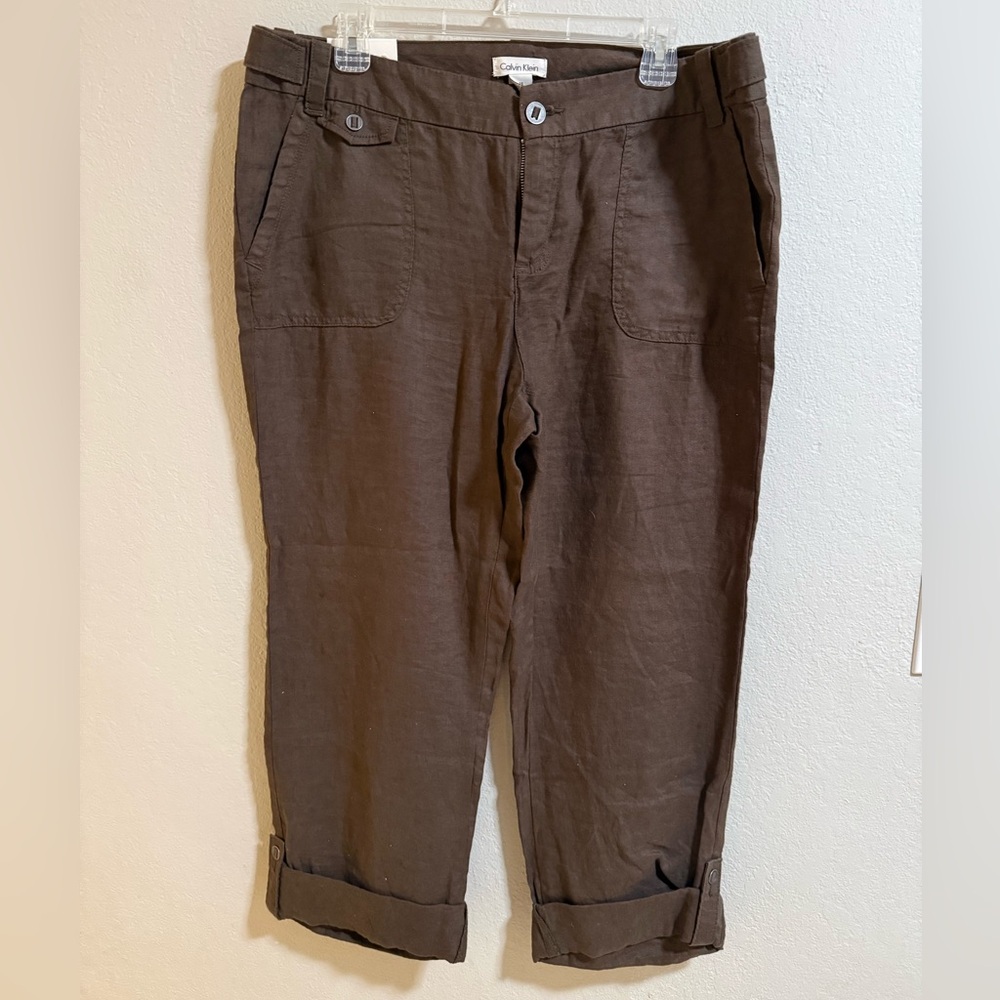 Calvin Klein Brown Linen Utility Crop Pants Size 14 NWT